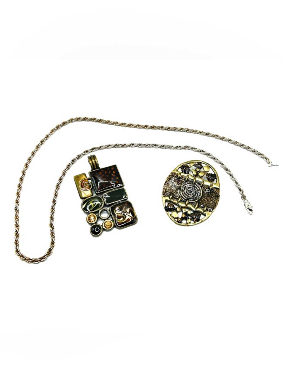 3 Piece Enameled Bronze Pendants & Necklace Set